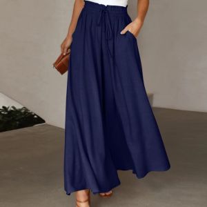 Simple Drawstring Wide-Leg Trousers High Waist Straight Cut Casual Pants for Women Elegant Basic Style Polyester Material