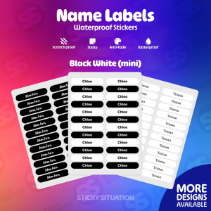 Black & White Mini Custom Name Labels – Weather-Resistant Stickers for Kids