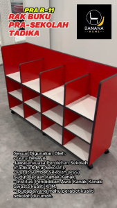 RAK PERALATAN ABM TERBUKA BERODA | RAK BUKU TADIKA PRA-SEKOLAH PRA-B11 | Rak Kayu Melamine Chipboard 3 Tingkat