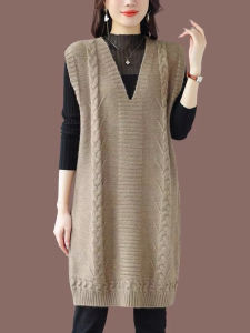 เสื้อกั๊กถักผ้าขนสัตว์คอวีแขนกุดทรงหลวมยาวปานกลางสำหรับผู้หญิง ชุดทำงานสไตล์เกาหลี ฤดูใบไม้ผลิและฤดูใบไม้ร่วง