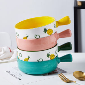 Nordic Style Ceramic Bowl with Handle for Baking Oven Home Use Dinnerware Soup Noodles Salad Bowl Plant Floral Pattern