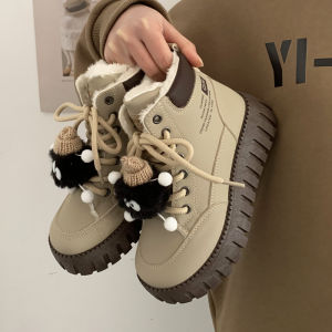 รองเท้าผ้าใบลำลองส้นสูงสำหรับผู้หญิง ฤดูใบไม้ร่วง/ฤดูหนาว รองเท้าบู๊ตส้นหนาแบบสวมหัวกลม รองเท้ากีฬาแบบอเนกประสงค์ ขนแกะ ขนแกะ รองเท้าบู๊ตส้นสูง