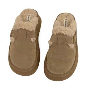 Womens Thick Bottom Slip-On Shoes Winter Warm Fleece Lamb Fur Clog Casual Rubber Sole Comfortable Indoor Outdoor Slippers