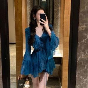 French Style Sweet And Spicy Lace Splicing Belted Lantern Sleeve Womens Shirt Summer New Simplistic Sun Protection Top