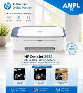 HP DeskJet 2932 All-in-One Printer | Print copy scan | Print speed black 7.5 ppm & Print Speed Color 5.5 ppm | Model A24JJC | Replacement cartridges HP 68 Black 7FP21TA HP 68 Tri-Color 7FP20TA HP 68e EvoMore Black 7FP22TA Original Ink Cartridge