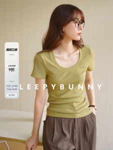 Lightweight Short Sleeve U-Neck T-Shirt for Women Sweet Style Cotton Blend Stretchy Fabric Spring Summer Casual Top