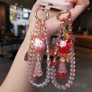 สร้อยข้อมือเงินลูกปัดสั้นสำหรับเดินทางกลางแจ้ง โซ่โทรศัพท์มือถือรูปแมวโชคลาภ โซ่กระเป๋าคริสตัล จี้โทรศัพท์มือถือแบบจับได้