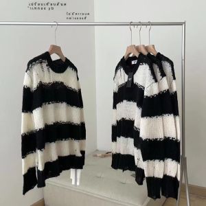 Black and White Striped Pullover Sweater Mens Autumn New round Neck Ripped Lazy Sweater Loose Thin Blouse Top