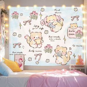VIKAMA Bánh Mì Nướng Mèo Hoạt Hình Thảm Cà Phê Sữa Vẽ Tay Ấm Áp Polyester Treo Tường Cho Phòng Khách Phòng Ngủ Trang Trí Nhà Bếp