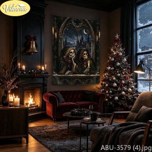 VIKAMA Morbid Yule Skeletal Sweethearts Arched Casement Wall Tapestry Shadowy Victorian Romantic Noel Festal Room Home Decor
