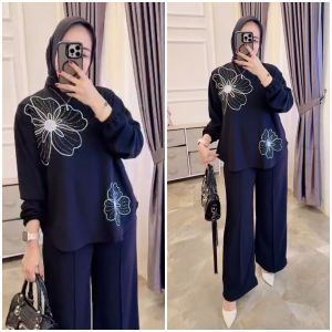 youras setcel muslim wanita kaos knit rajut import bordir mute cantik terbaru