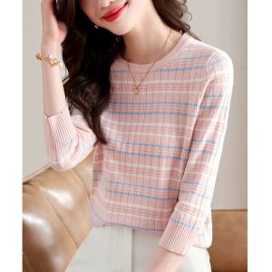 เสื้อสเวตเตอร์ถักลายทางแขนสั้นสำหรับผู้หญิง ฤดูใบไม้ผลิ 2025 เสื้อชั้นในทรงสลิมฟิตสำหรับสวมใส่ด้านนอก ลดอายุ เสื้อผ้าทำงาน