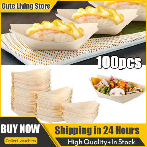 100pcs Wooden Sushi Serving Tray Boat Disposable Japanese Sashimi Plate Snack Dessert Candy Serving Dish for Restaurant Home