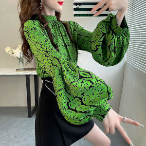 Green Print 3D Lantern Sleeve Shirt Womens Spring 2024 Stand Collar Chiffon Fashionable Shirt Long Sleeve Regular Length