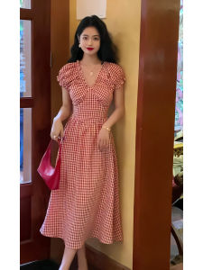 Summer New Plaid V-neck Short Sleeve Womens Dress High Waist Slim A-line Long Skirt Korean Style Commute Button Cotton Gown