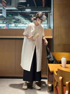 Mid Length Long Length Outer Wear Cardigan Fancy Shirt Womens Summer White Japanese Style Short Sleeve Pure Cotton Shirt Dress Bandage Dress Tops