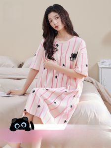 MiiOW | Pure Cotton Summer Dress Cat Person Womens Home Clothes Short Sleeve Midi Dress Cute Girls Nightgown Sweet Style Leisure Home