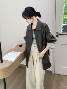 Tea Green Hong Kong Style Retro Cool Leather Jacket Womens Autumn New Simple Elegance Large Female Personality Leather Jacket