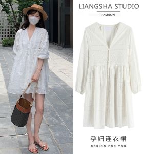 Spring Autumn Maternity Dress V Neck Hollow out Embroidery Design Lace Short Skirt Slimming Effect Casual Style Midi Dress