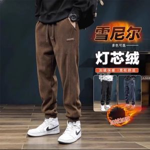 Thickened Fleece Lined Corduroy Mens Casual Pants Loose Fit Autumn Winter Workwear Elastic Waist Baggy Sports Trousers