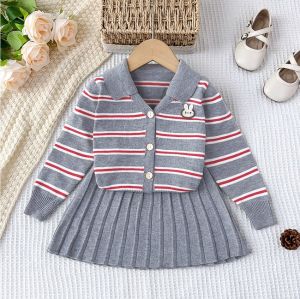 Bear Leader Kids Girls Striped Clothing Sets Baby Single Breasted Knitted Top+solid Color Pleated Skirt 2-piece Set Winter School Style Childrens Cute Rabblit Clothes Suits