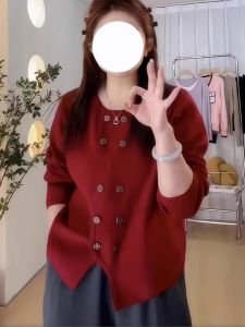 เสื้อคาร์ดิแกนถักหลวมสีแดงสำหรับผู้หญิงไซส์ใหญ่ เสื้อคลุมกันหนาวแบบสวมหัว ทรงตรง ปกติ แขนยาว ปกคอกลม