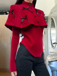 Christmas New Year Red Cowl Neck Sweater Womens Autumn Winter High End Feel Inner Knitted Wear Two Piece Set Sweet Style Loose Fit