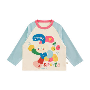 YOEHYAUL Casual Loose Shoulder T-Shirt for Girls Cartoon Print round Neck Ribbed Cuff Long Sleeve Cute Top for Autumn