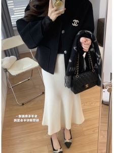 Váy Len Dệt Kim Màu Trắng Cho Nữ Váy Dài Vừa Phải Váy Đuôi Cá Váy Ôm Sát Váy Ngắn Váy Mùa Thu Đông