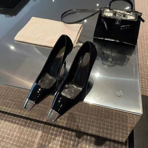 Black Metal Heels Womens High Heel Shoes Thin Stiletto Painted Leather Single Shoes Fashionable Elegant Slip-On round Toe