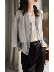 เสื้อคาร์ดิแกนถักคอวีระบายอากาศสําหรับผู้หญิงบางส่วนแขนยาวเสื้อผ้าทํางานกระดุมแถวเดียวสําหรับฤดูใบไม้ผลิ/ฤดูร้อน