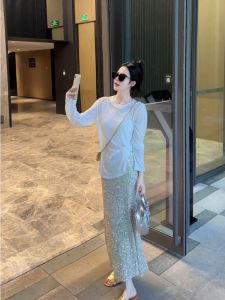 Shiny Sequin Design A-Line Mini Skirt Womens High Waist Slim Fit Bodycon Long Fish Tail Skirt Korean Style Commute Fashion