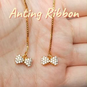 Anting Titanium Anti Luntur Model Serut Rumbai Rantai Panjang Wanita Model Pita Permata Korea Terbaru - Ribbon - Lovelybutik