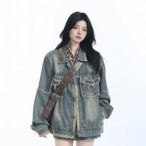 zuocisankon | Áo Khoác Jeans Vintage Phong Cách Đường Phố Mỹ Frayed