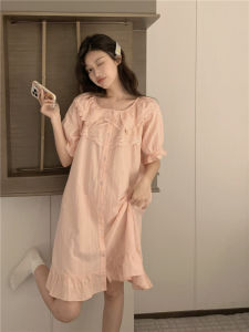 Sweet Princess Style Cotton Linen Blend Summer Pajamas for Women Short Sleeve Solid Color Lace Home Clothing Set