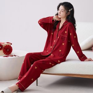 miiow | Pure Cotton Sleepwear Couple Home Clothes Red Lucky Year Set For Men And Women Catman Wedding Pajamas Sweet Cute Style