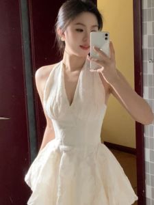 CHANGTONG | Elegant Halter V-neck Waist Cinching Layered Long Summer Dress