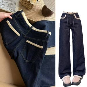 My First Winter Fleece Lined Denim Pants Womens High Waist Straight Leg Drapey Long Trousers Comfortable Warm Casual Jeans
