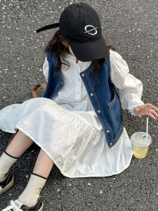 Girl Dress Spring and Autumn Girl Denim Vest Skirt Two-piece Set Dress the Big Kids Autumn White Princess Dress