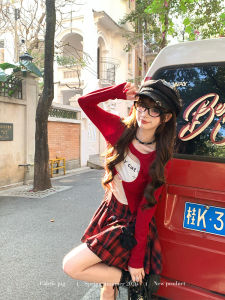 Fortune Cat Sweet Cool Style Red Early Autumn Womens Set Fake Two-Piece Blouse and Skirt