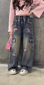 Jeans for Kids Girls 6-16years old Cargo Jeans 6 Pockets Ripped Jeans Maong Pants New Design Wide Leg Trouser Denim Pants Baggy Pants Loose Teenager Girls Straight Leg Pants Vintage Fashion Retro Street Style