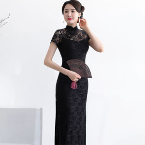 Velvet Silk Cheongsam Floral Print Mesh Daily Wear Retro Style High Slit Long Qipao Special Large Size Collection Show Stopper