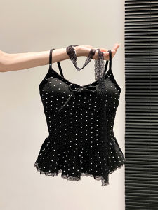 LUOSHAO | Bust Padding Sleeveless Top with Polka Dot Lace Hem