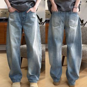 Spring Summer New Mens Washed Blue Banana Wide Leg Jeans Casual Loose Fashionable Urban Style Straight Cut Loose Fit Jeans