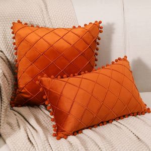 30x50cm 45x45cm Velvet Throw Pillow Cover with Cute Pompom Orange Pleated Decorative Farmhouse Boho Pillowcase Cuscini Divano 방석