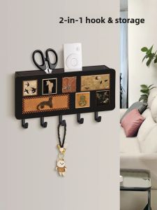 Retro Style Entrance Key Holder Wall Mounted Adhesive No Drilling Key Rack Storage Organizer Leather Surface Wood ABS Material