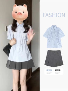 Áo Thun Polo Tay Ngắn Màu Xanh Ngọt Ngào Cho Nữ Mùa Hè Áo Sơ Mi Xếp Ly Nhỏ Thiết Kế Tay Cotton Dáng Rộng Cài Nút