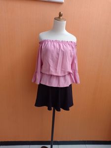 atasan sabrina wanita pink muda M L cewek santai blouse cute