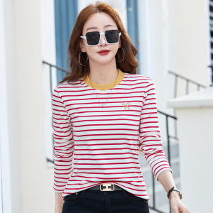 Women Long Sleeve Round Neck T-Shirt Butterfly Embroidery Striped Knitted Shirt Tee Top