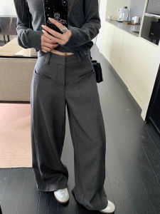 Quần Ống Rộng Cạp Cao Màu Xám Cổ Điển Cho Nữ Mùa Xuân 2025 Quần Dài Thường Ngày Rộng Rãi Thoải Mái